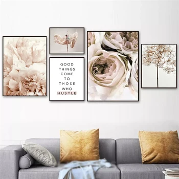 Nordic Rastliny Ružové Kvety a Tanec Obrázok Obrázky Home Art Stenu Decor Plagát Obývacia Izba Dievča Spálňa Decor Maliarske Plátno
