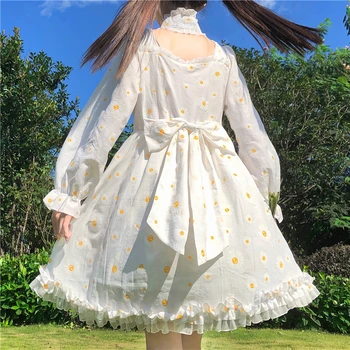 Japonská Dievča Námestie Luk Daisy Kvet Lolita Šaty Letné Biele Dlhé Lístkového Rukáv Čipky Dospelých Cosplay Šaty pre Ženy 2021 Župan