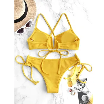 Žltá Bikiny Žien Krajky-up Plavky Tankini Ženy 2020 Soild Farba Plaviek Bikiny Tanga Bikini Viquinis Mujer