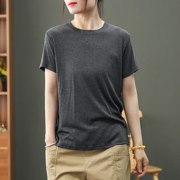 HAN-Krátke rukávy T-shirt dámske letné novú tvorbu ľadu hodváb kolo krku voľné a tenké, jednoduché a bežné nosenie vnútorné
