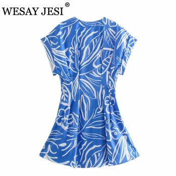 WESAY JESI Módne Letné Šaty Žena 2021 Party Šaty Elegantné Blue Print Voľné Rukávy Single-Breasted Mini Šaty Bežné Pláže