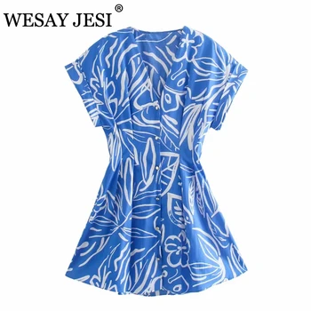 WESAY JESI Módne Letné Šaty Žena 2021 Party Šaty Elegantné Blue Print Voľné Rukávy Single-Breasted Mini Šaty Bežné Pláže