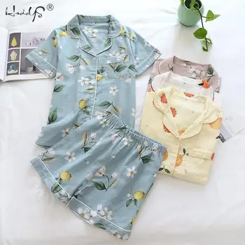 Letné Pijama Japonský jednoduché krátke pyžamá ženy bavlna krátke rukávy dámy pajama sady šortky Roztomilý kreslený sleepwear
