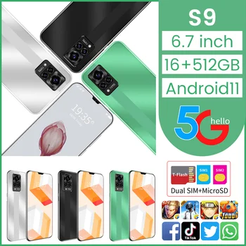 Hot Predaj Galax 6.7 palcový S9 MTK6889+ Smartphony Android11 6000mAh Dual SIM 16GB RAM 512 gb diskom ROM 32+64MP 5G LTE Globálne Mobilné Telefóny