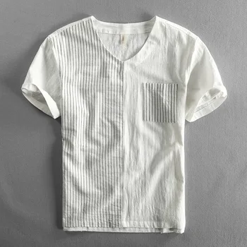 Nový Príchod Leta Človeka T-Shirt Vysoko Kvalitnej Bavlny tvaru Prúžok Vrecko-Krátke Rukávy Voľné Priedušná Muž Jednoduché Topy Tees
