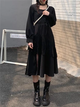 Japonský Kawaii Biela Čierna Ženy Šaty Jar Leto Gotický Čipky Split Vidlica Námestie Golier Dlhý Rukáv Jeden Kus Vestido 2021