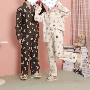 Nový pár štýl bavlnené pyžamá, dlhé rukávy nohavice vytlačené domáce oblečenie, pohodlné, mäkké a priedušné pyžamo.