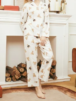 Nový pár štýl bavlnené pyžamá, dlhé rukávy nohavice vytlačené domáce oblečenie, pohodlné, mäkké a priedušné pyžamo.