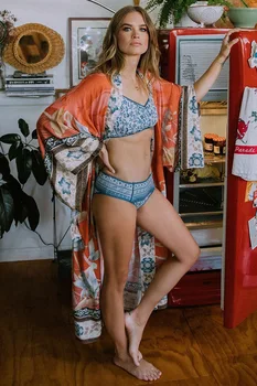 Nadrozmerné Pláži Zamaskovať Kimono Ročník Tlače Kvetinový Dovolenku Bikini Výlet Boho Voľné Dlhý Sveter 2020 Orange Bunda Žena