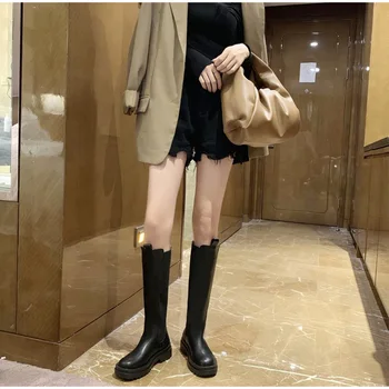 Dámske Dlhé Topánky na Jeseň Platformu Žien Kolená Vysoké Topánky Pošmyknúť na Chelsea Boots Originálne Kožené Zimné Čierne Topánky 2021