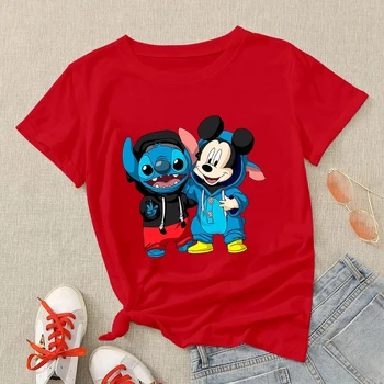 Disney Steh a Mickey Mouse Ženy Tee tričko Jemné Vytlačené Oversize Dizajn Cartoon Topy Ružová Sladký Štýl dámske tričko Značky
