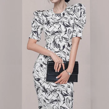Elegantné tlač tesný jeden kus oblečenia kórejský dámy Letné krátky Rukáv kabaret strany bodycon office Šaty pre ženy