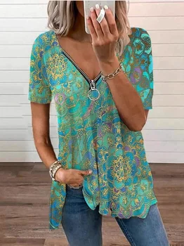 Elegantný Kvetinový Tlač tvaru Zips T-shirt Ženy Nadrozmerné Voľné Vintage Dizajnér Tričko Lete Streetwear Elegantné Módne Topy