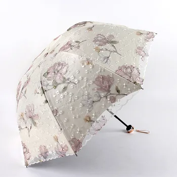 Double-layer, vyšívané čipky dáždnik Elegantná Dáma Slnečník Čierne Gumové Tri Skladacie Princezná Sladké Čipky pre Svadobné Dary