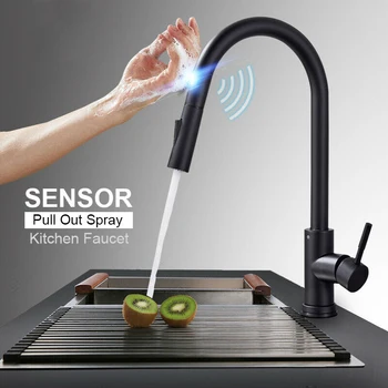 Kuchyňa Kohútikov Smart Indukčné 304 Nerezovej Ocele Pull-out Black SensorMixed Ťuknite na Dotyk Ovládanie Umývadlo Ťuknite na položku Kuchynské Doplnky