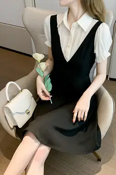 Kórejský Štýl Pozdĺžne Falošné-Dva Šaty Elegantné Ženy Sladké podkolienok Party Šaty Retro Chic A-Line Šaty Žena