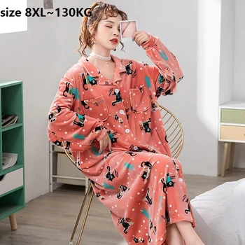 Veľká veľkosť 8XL Mäkké Nightgown Sleepwear Zimné Flanelové Nightdress kreslených mačka roztomilý Fleece Teplé Noci Šaty Domov Nosiť oblečenie 58