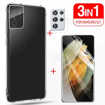 3in1 Pre Samsung Galaxy S21 Ultra Prípade ochrany Shockproof obal Pre Samsung Galaxy S21 Plus 5G objektív sklo hydrogel film s21 +