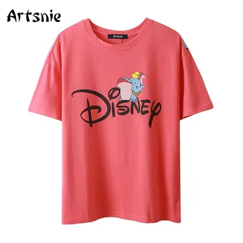 Artsnie Disney Dumbo Cartoon T Shirt Ženy Lete 2021 O Krk Krátky Rukáv Topy Femme Streetwear Ružová Nadrozmerné T-shirts Čaj