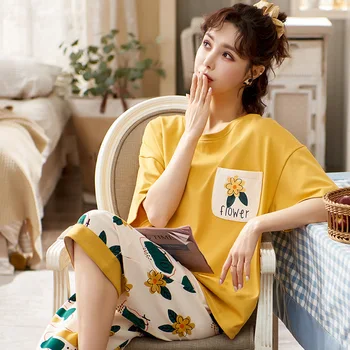 Ženy Pajama Sady Cartoon Pulóver Tlač Teľa-dĺžka Nohavice Priedušné oblečenie pre voľný čas Voľný čas Bavlny Krásne Ženy kórejský Štýl, Trendy