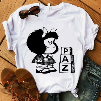 Camiseta feminina manga curta, camiseta de manga curta de desenho animado paz mafalda ou quero kaviareň, com estampa kawaii, gola re