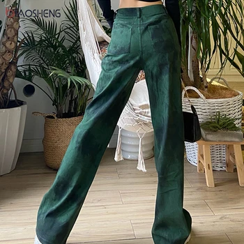 Zelená Džínsy Ženy Vysoký Pás Mama Horela Džínsy 2021 Nové Módne Voľné Džínsy Rovné Nohavice Dlhé Streetwear Y2k Džínsové Nohavice