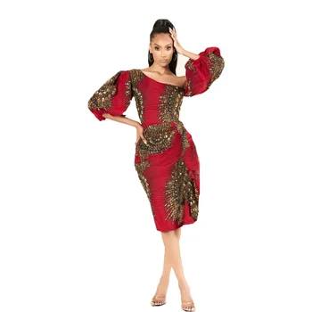 Sexy Off-Ramenný Afriky Šaty Žien Afriky Oblečenie Tradičné Africké Kvetinový Tlač Bodycon Šaty Strany Africkej Ženy Šaty