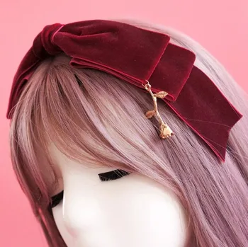 Princezná sladké lolita hairband Pôvodné klasické zamatovo hlavový most prívesok tmavé červené víno luk Lolita hairband módne ženy YYJ042
