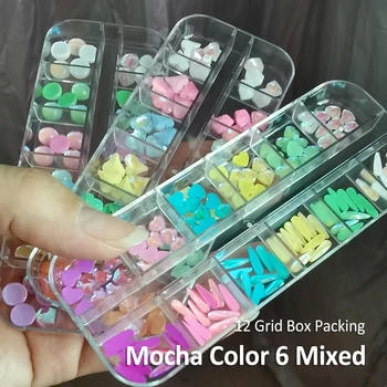 Hot predaj Mocha farba Nail Art Drahokamu 12 Mriežky box Mix tvar na Nechty, Glitter DIY Manikúra Príslušenstvo