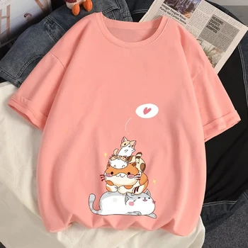 Ženy Bežné Tričko Harajuku y2k Biela Anime Láska Cat Vytlačené Streetwear Topy Tričko Krátky Rukáv Nadrozmerné T Shirt Hip Hop Oblečenie
