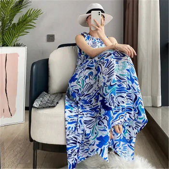 Miyake Skladaný Ženy Letné šaty bez Rukávov veľké kyvadlo tlač dlhé šaty kórejský módne Bežné elegantné, Ženské šaty