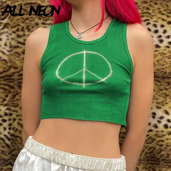 ALLNeon Harajuku Y2K Streetwear Tlač Plodín Topy E-dievča Módneho O-krku bez Rukávov Dieťa Nádrž Punk Estetika Rebrovaný Hore Zelená