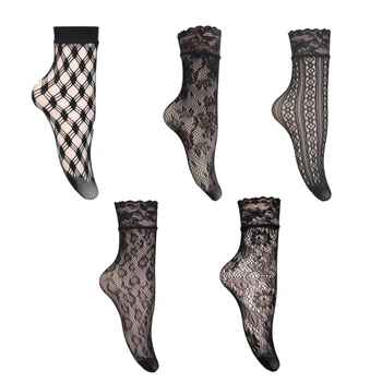 RMSWEETYIL Čipky Sieťovina Obyčajné Ponožky Ženy Sexy Čierne Nylon Mesh Transparentné Čistý Tenké Priedušná Dámy Bežné Šaty Členok Ponožka