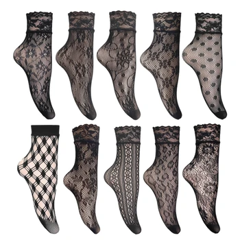 RMSWEETYIL Čipky Sieťovina Obyčajné Ponožky Ženy Sexy Čierne Nylon Mesh Transparentné Čistý Tenké Priedušná Dámy Bežné Šaty Členok Ponožka