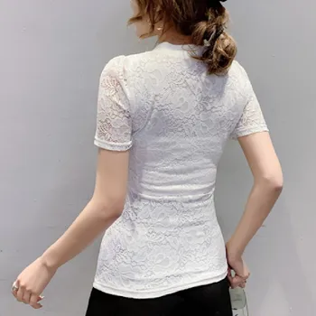 Letné kórejský Štýl Čipky T-Shirt Dievčatá Elegantné Sexy tvaru Lesklé Diamanty Ženy Topy Krátky Rukáv Klesnutie Tričko Tees 2021 T13102A