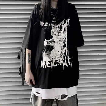 Bavlna Goth Anime Tmavá Tlač Voľné Plus Veľkosť Ženy T-Shirts Punk Grunge kórejský Štýl Top Harajuku Y2K Dropshipping Čierne Šaty