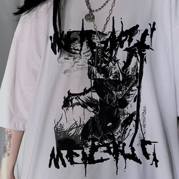 Bavlna Goth Anime Tmavá Tlač Voľné Plus Veľkosť Ženy T-Shirts Punk Grunge kórejský Štýl Top Harajuku Y2K Dropshipping Čierne Šaty