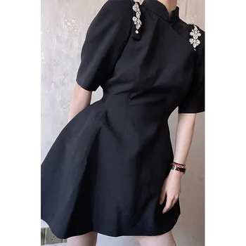 Francúzsky dizajn krátke pás šaty 2021 lete ženy oblečenie Pravidelné Vintage Turtleneck Bavlna Jar Polyester