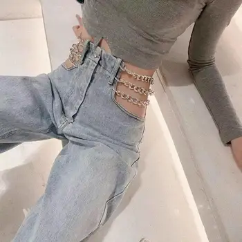 Dizajn zmysel reťazca vydlabaných sexy vysoký pás rovno trubice voľné džínsy dámske jarné a letné new horúce dievča širokú nohu nohavice