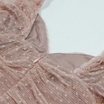 Jeseň Polka Dot Dress Ženy Béžová Skladaný Oka Šaty Zlatíčko Výstrih Svietidla Rukáv Ruched Bodycon Šaty Ružové 2020