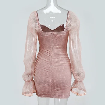 Jeseň Polka Dot Dress Ženy Béžová Skladaný Oka Šaty Zlatíčko Výstrih Svietidla Rukáv Ruched Bodycon Šaty Ružové 2020