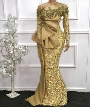 Gold Sparkle Sequin Večerné Šaty 2021 Morská Víla Mimo Shpulder Dlhé Rukávy Korálkové Saudskej Arabčina Večerné Šaty Formálne Prom Šaty
