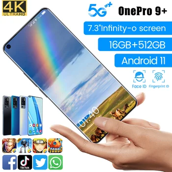 Telefón OnePro 9+ 7.3 palcový Dual SIM Andriod11 Smartphone Snapdragon888 Globálna Verzia 16GB 512 gb diskom 64MP 6800mah Mobile Mobilný telefón