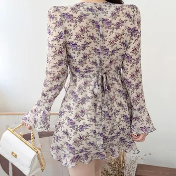 Nové Módne Fuffles Tlač Mini Šaty Žien Elegantné Dlhé Závoje Rukáv V Krku Bežné Šaty 2020 Jeseň