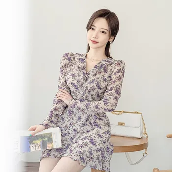 Nové Módne Fuffles Tlač Mini Šaty Žien Elegantné Dlhé Závoje Rukáv V Krku Bežné Šaty 2020 Jeseň