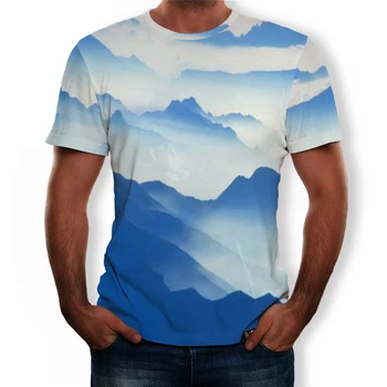 2021 Letné Módy Mesiac Treetop 3D Mužov Tlačený Vzor Pohode Krátky Rukáv Bežné T-shirt Top