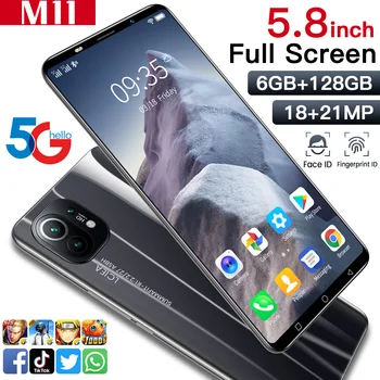 Hot Predaj M11 64GB 128GB 5.8 Palcový 4500mAh Tváre, Odtlačkov prstov ID Lacný Mobilný Telefón Globálna Verzia Dual SIm+SD 4500mAh Smartphony