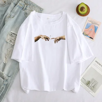 Letné Nadrozmerné T-shirt Ženy Michelangelo Zábavné Grafické T Košele Grunge Estetické Ruky Tlač Krátke Rukáv Tričko Žena T-shirt