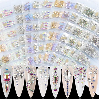 6 Mriežky 1100/60PCS Mix Tvary Biela AB Farebné Šampanské Flatback Akryl Diamanty, Šperky Nail Art Kamienkami Obtlačky Charms