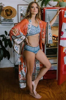 2021 Ženy Nadrozmerná Pláži Zakryť Kimono Ročník Tlače Kvetinový Dovolenku Bikini Výlet Boho Voľné Dlhý Sveter Orange Kabát Tunika